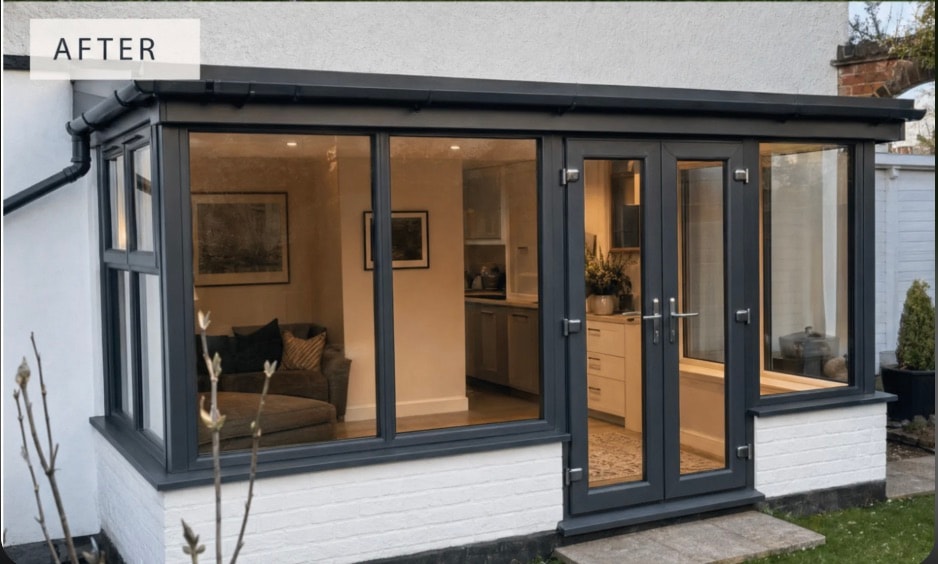 New anthracite aluminium conservatory after renovation SW13 Barnes
