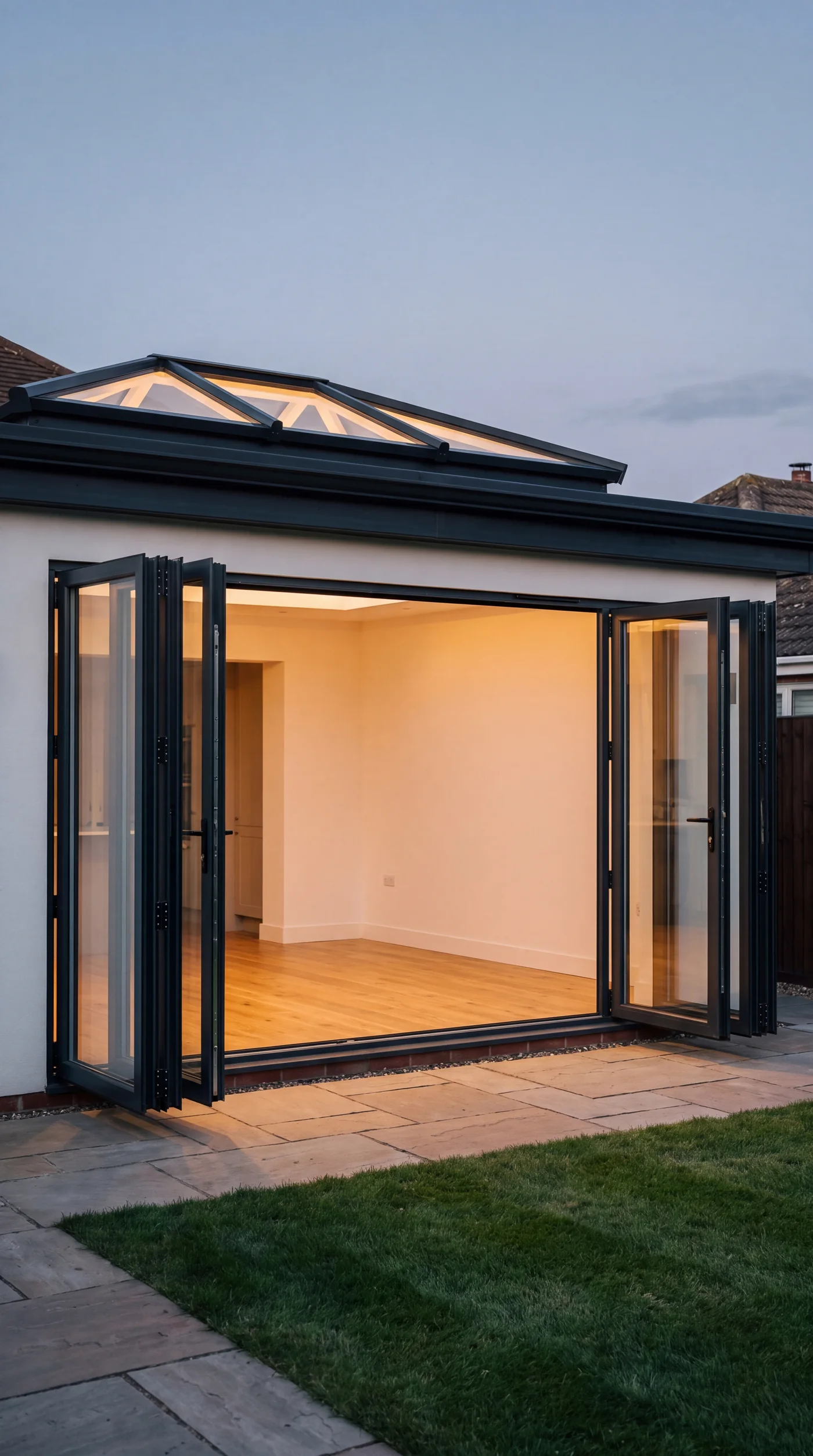 Anthracite aluminium bifold doors and roof lantern opening onto a landscaped garden — AA Windows & Doors, Sutton Surrey