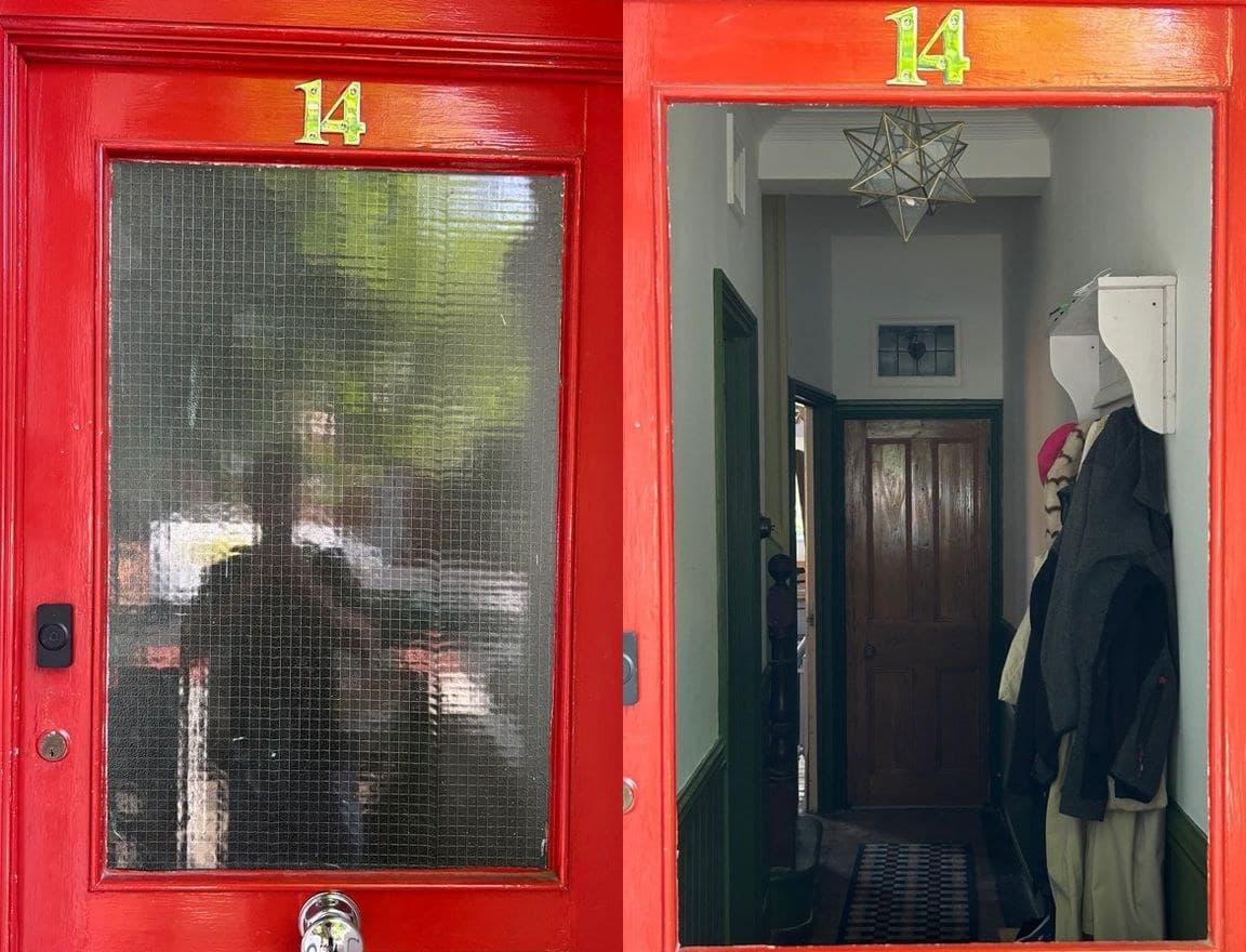 Before and after: double laminated unit installed in red Victorian front door, Tooting SW17