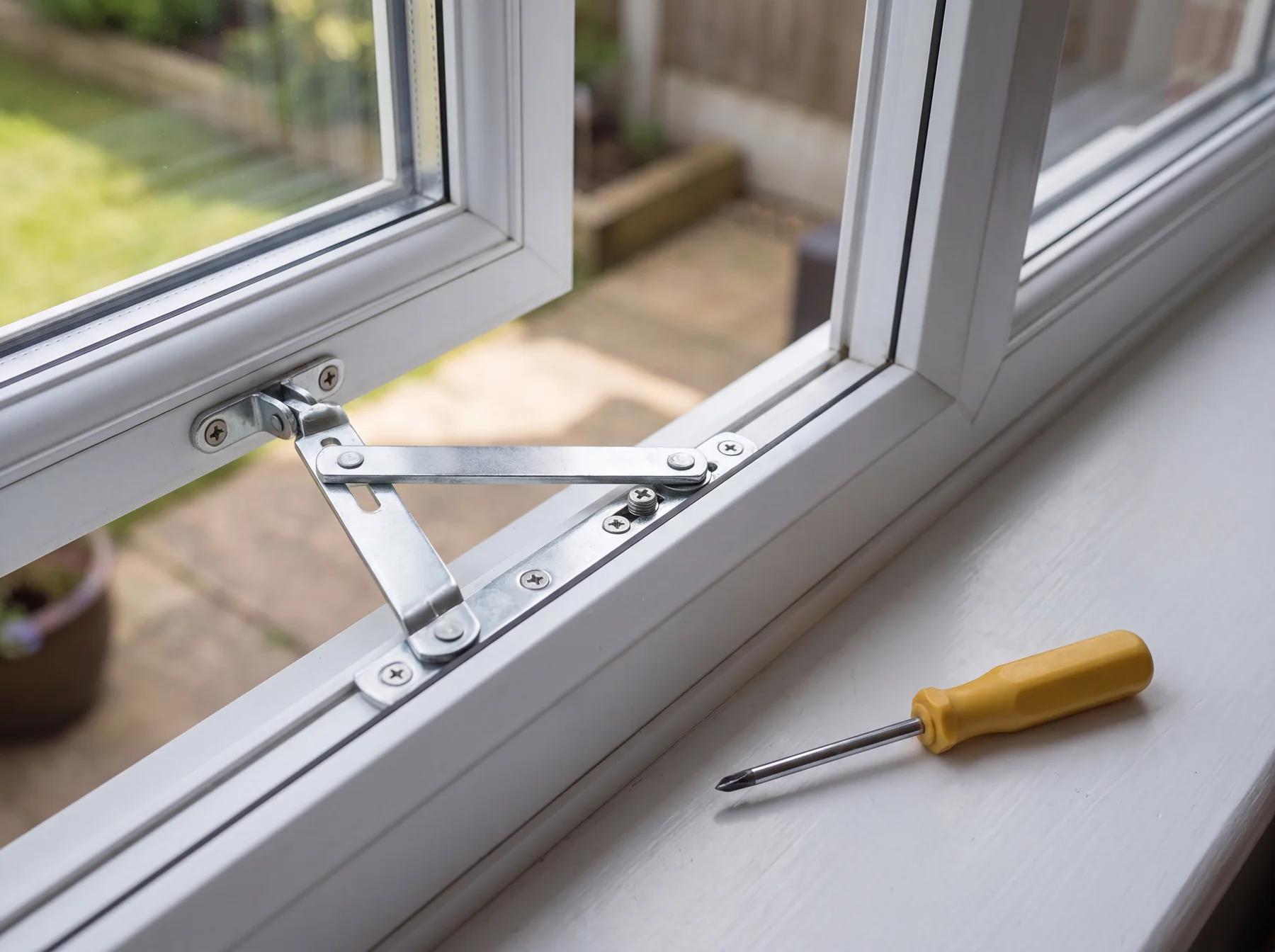 Window hinge repair with yellow-handled screwdriver